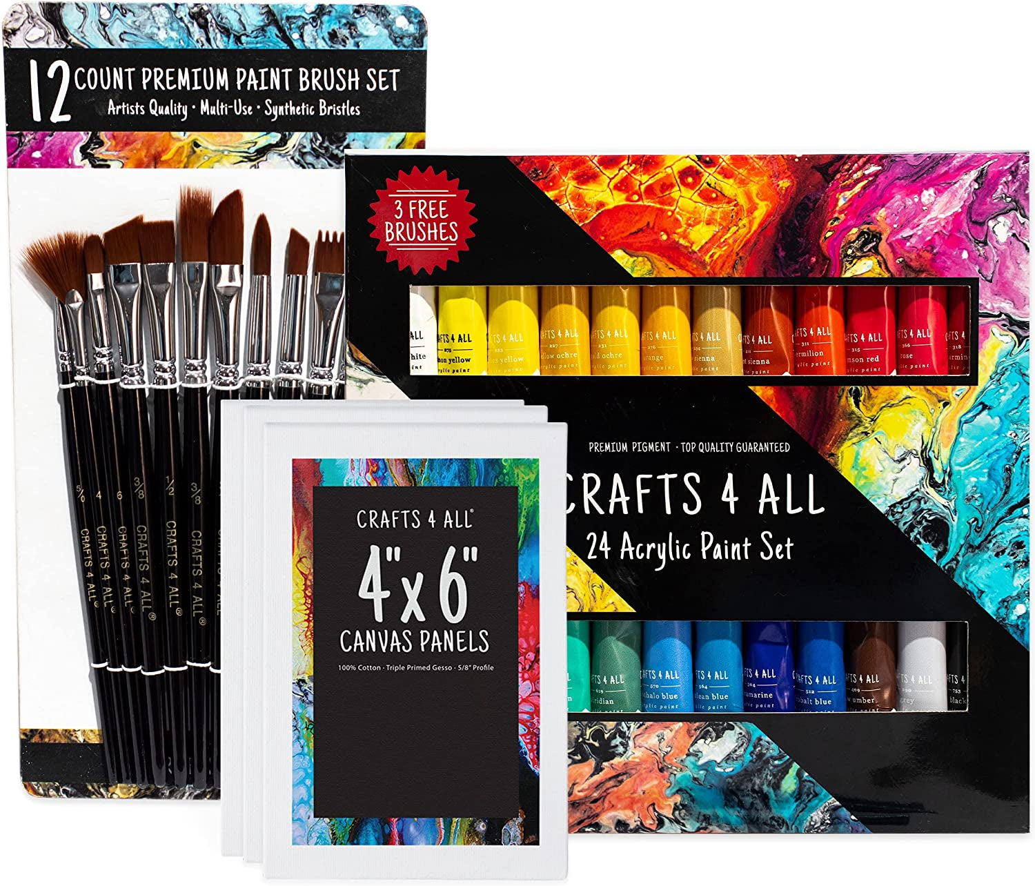 Crafts 4 All Acrylic Paint Set for Adults and Kids - 24-Pack of 12Ml Paints  for Canvas, Wood & Ceramic W/ 3 Art Brushes - Non-Toxic Craft Paint Sets 